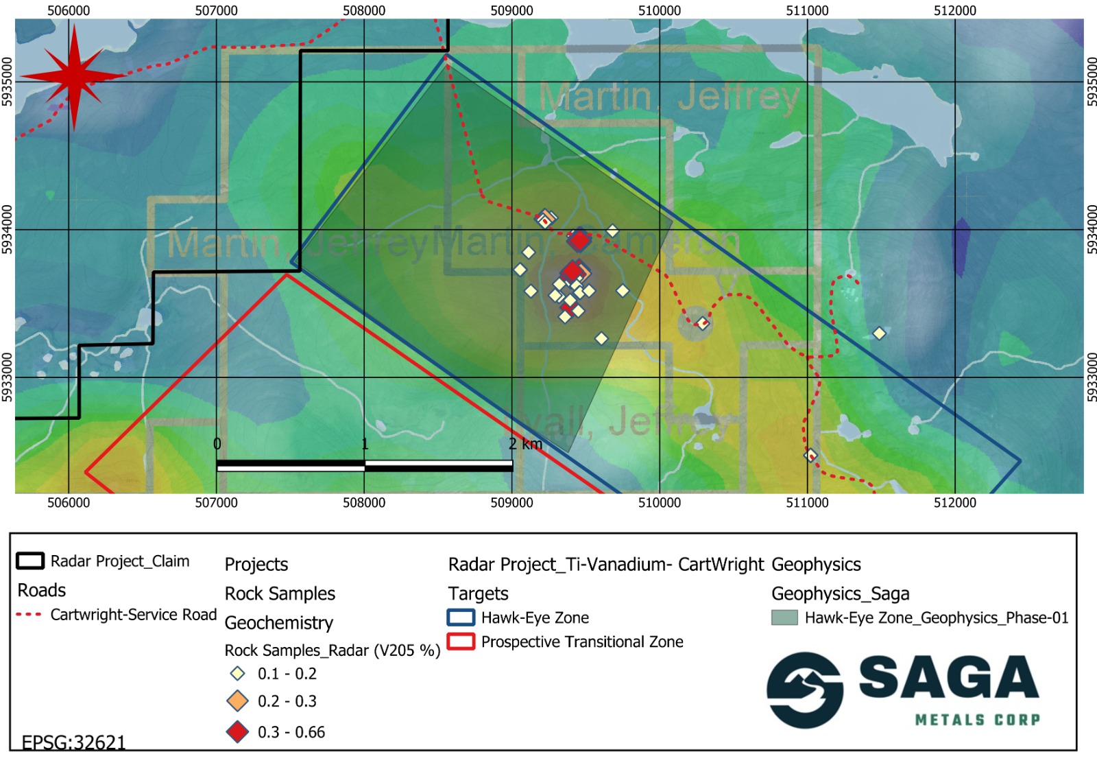 Map highlighting phase 1 of the geophysics program over the cluster of highly anomalous assay results in the Hawkeye Zone